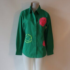 NWT Womens Bululu Green Smiley Face Button Down Shirt L